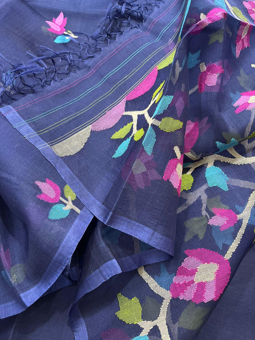 Indigo with tree pallu muslin silk handwoven jamdani saree - Tamal Boutique