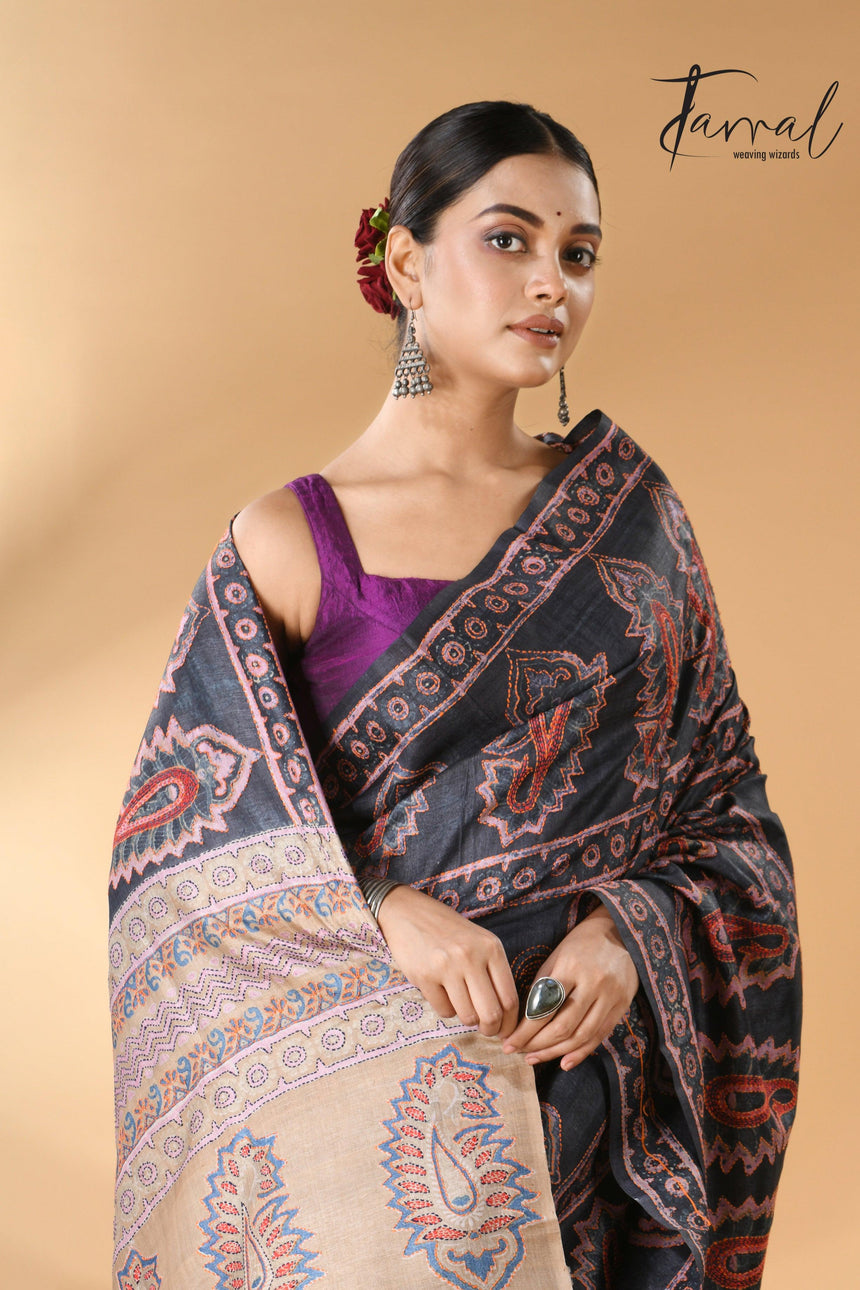 Charcoal black handwoven Tussar batik silk Kantha work saree cls