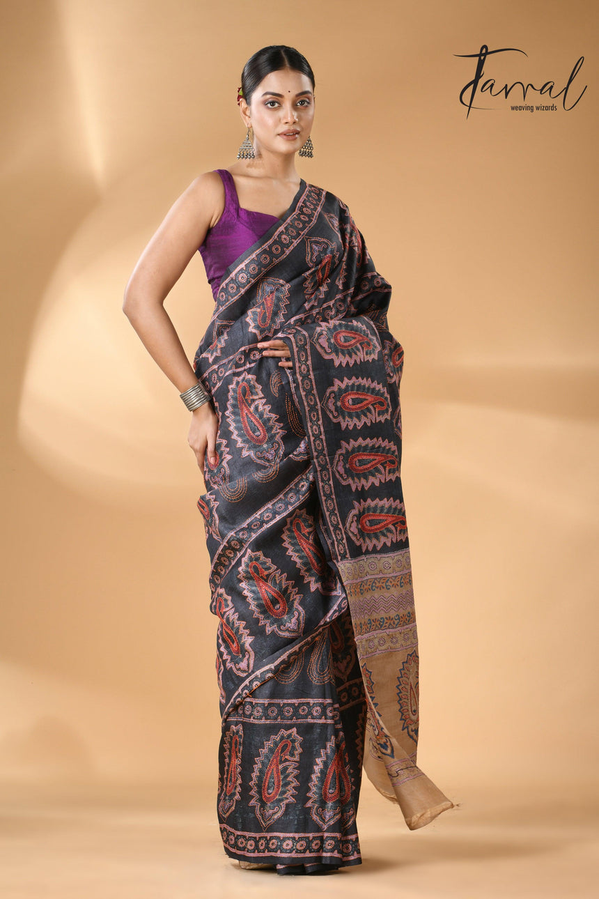 Charcoal black handwoven Tussar batik silk Kantha work saree full