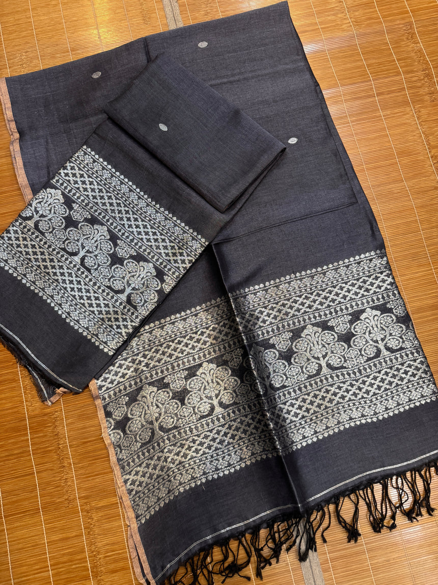 Charcoal black with silver zari work handloom Kurti & Dupatta set