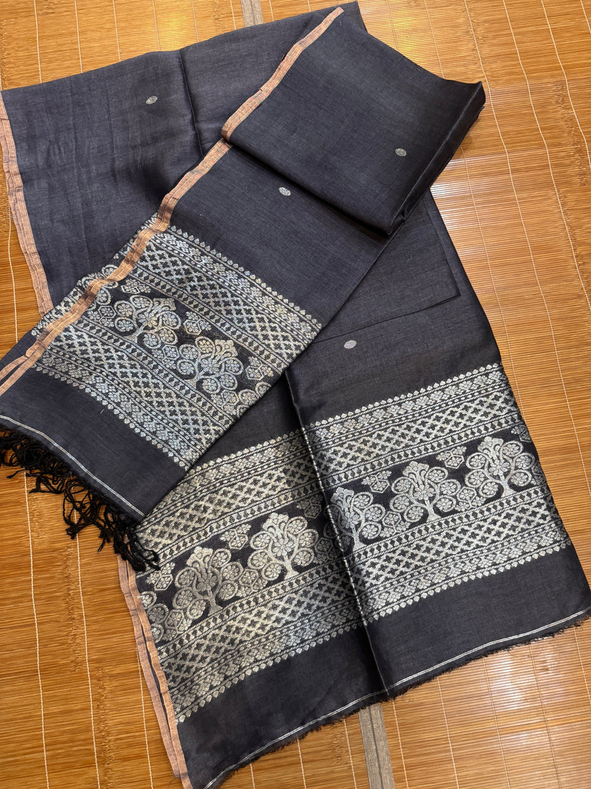 Charcoal black with silver zari work handloom Kurti & Dupatta set