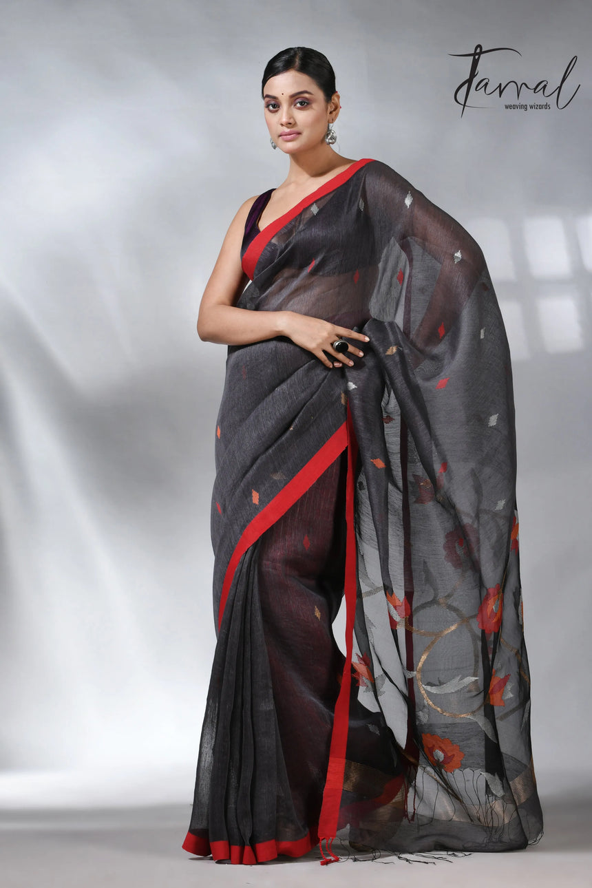 Charcole black with red in silk linen handwoven jamdani saree