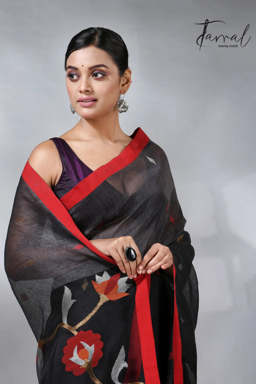 Charcole black with red in silk linen handwoven jamdani saree