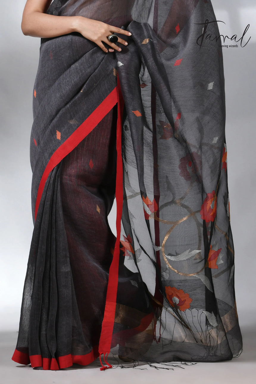 Charcole black with red in silk linen handwoven jamdani saree