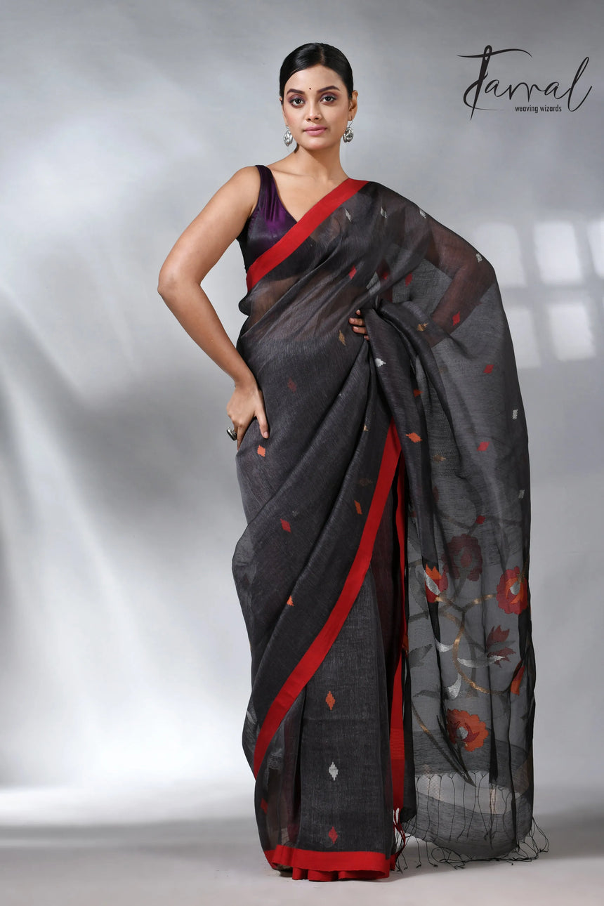 Charcole black with red in silk linen handwoven jamdani saree