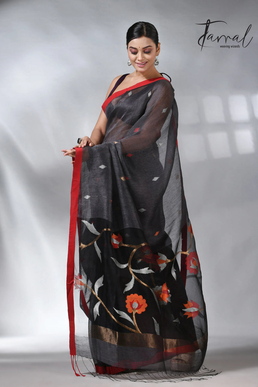 Charcole black with red in silk linen handwoven jamdani saree