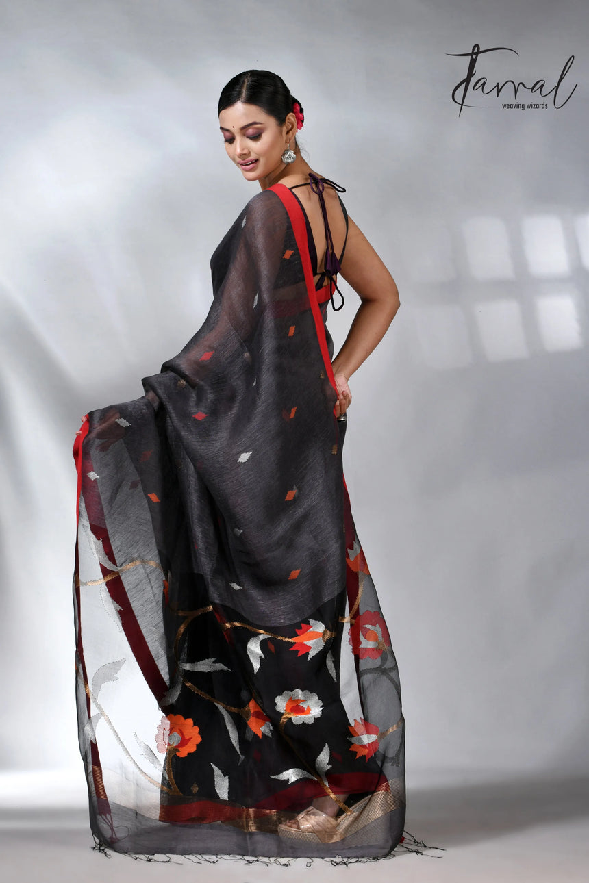 Charcole black with red in silk linen handwoven jamdani saree