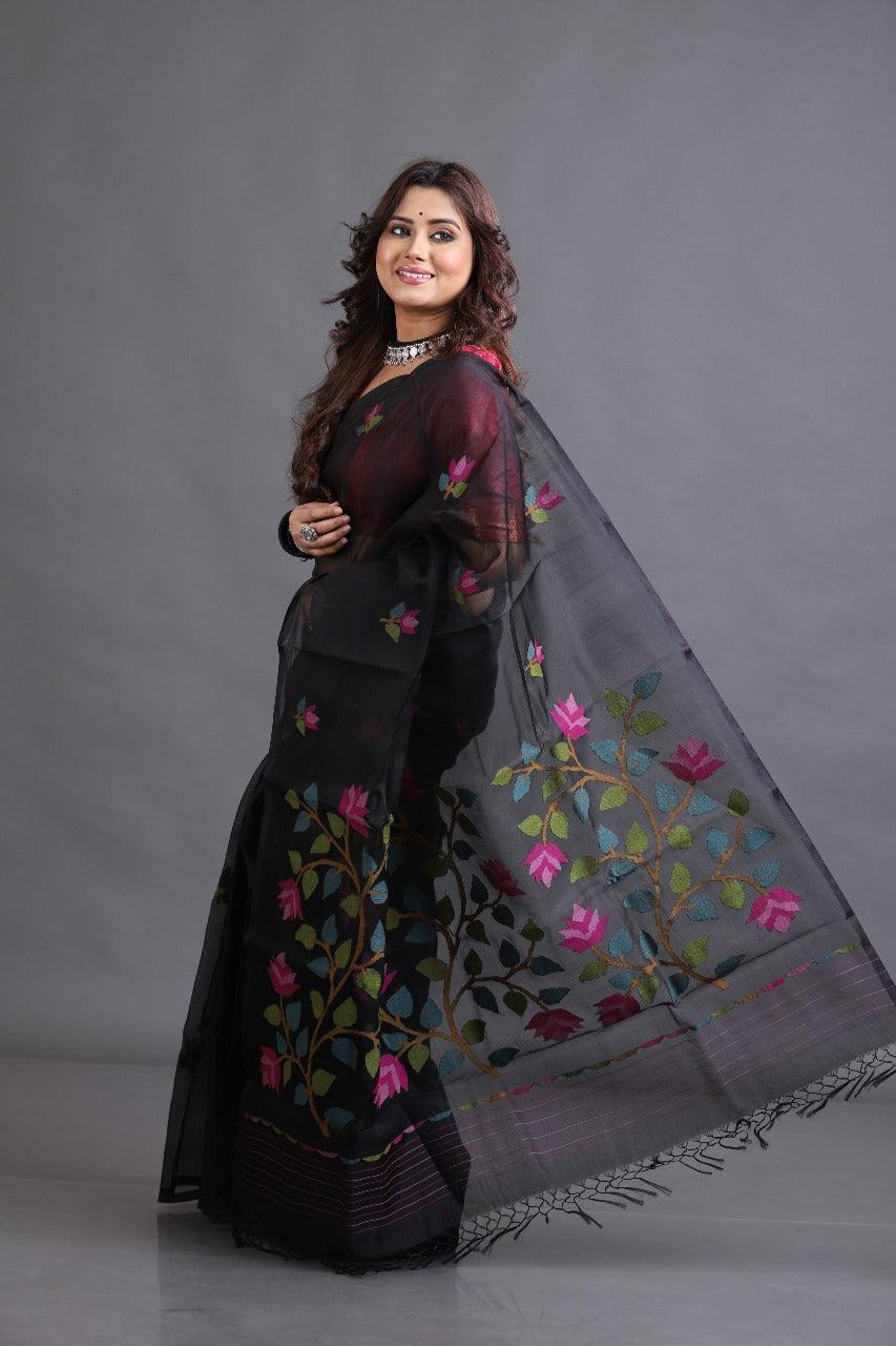 Black With Multi Colour Muslin Silk Handwoven Jamdani Saree - Tamal Boutique