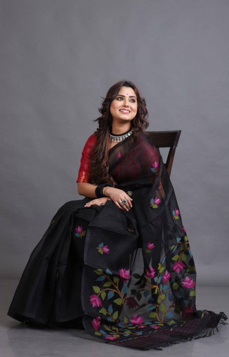 Black With Multi Colour Muslin Silk Handwoven Jamdani Saree - Tamal Boutique