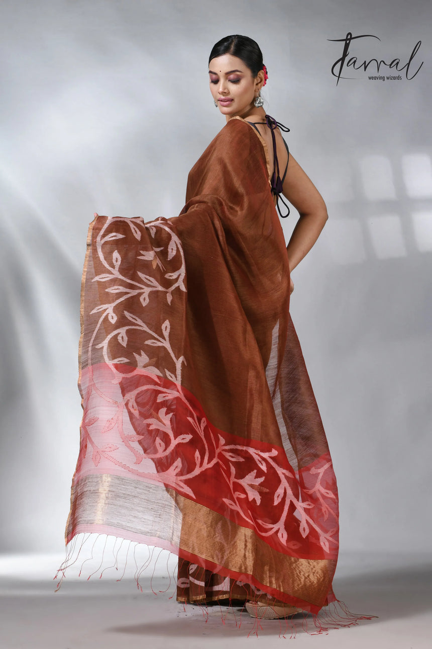 Cherry_wood_brown_silk_linen_floral_handwoven_jamdani_saree