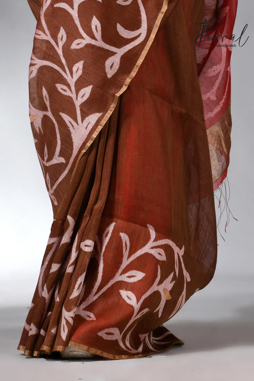 Cherry_wood_brown_silk_linen_floral_handwoven_jamdani_saree