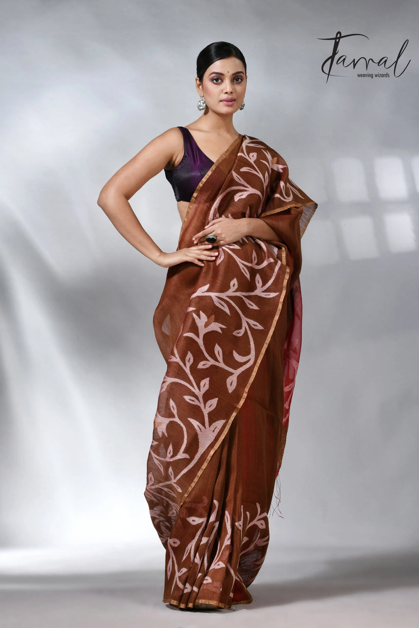 Cherry_wood_brown_silk_linen_floral_handwoven_jamdani_saree