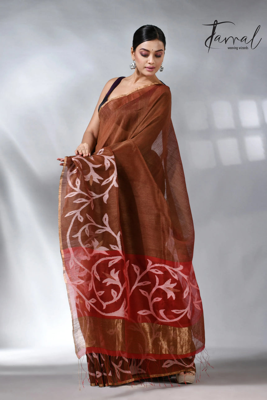 Cherry_wood_brown_silk_linen_floral_handwoven_jamdani_saree