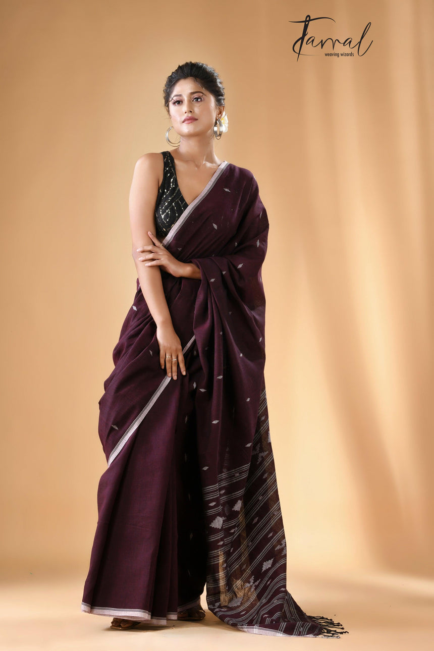 Chocolate Maroon with border cotton handwoven jamdani saree
