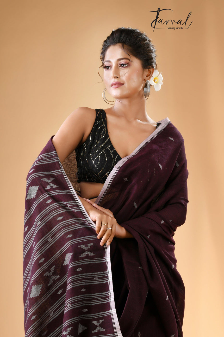 Chocolate Maroon with border cotton handwoven jamdani saree