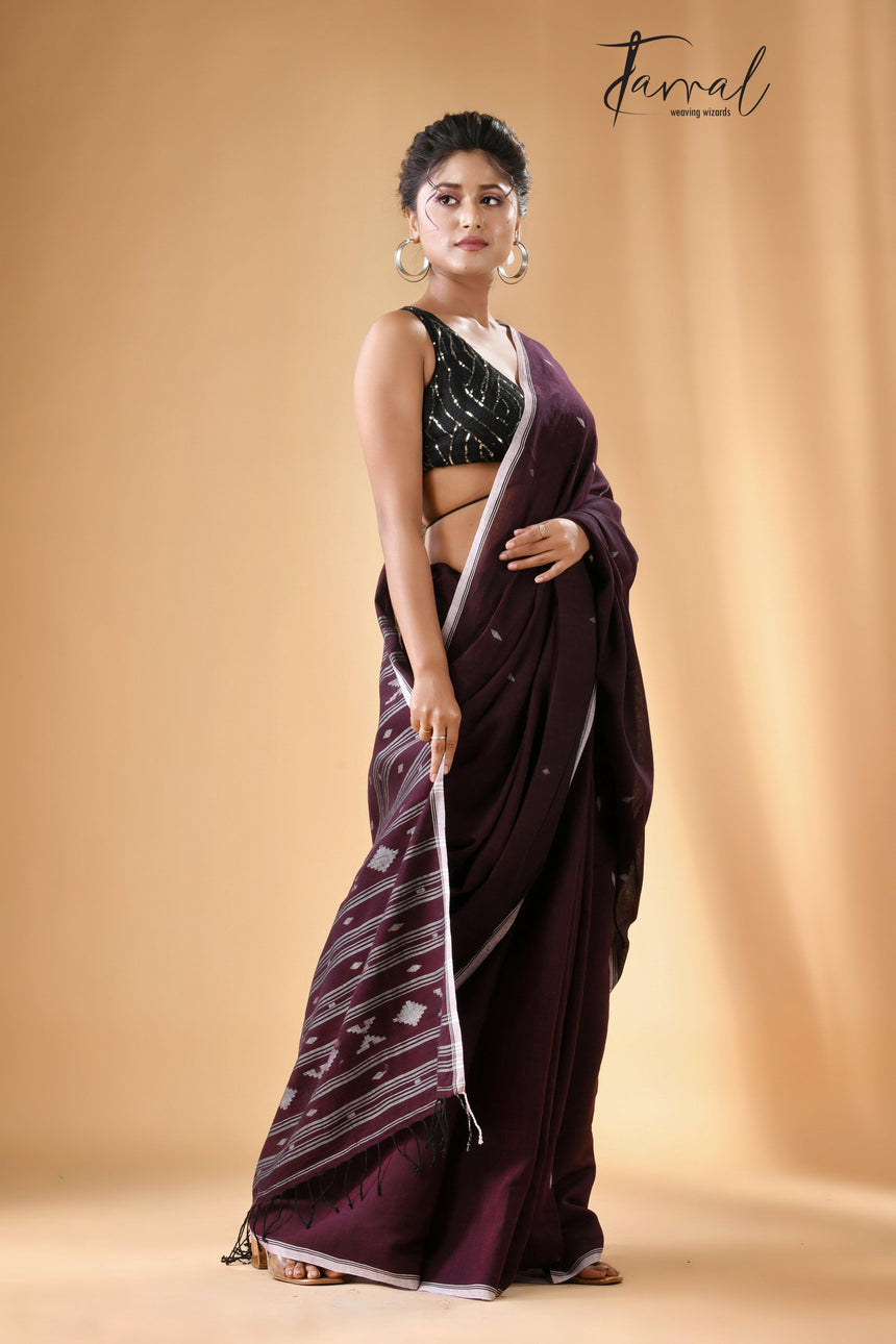 Chocolate Maroon with white border cotton handwoven jamdani saree - Tamal Boutique