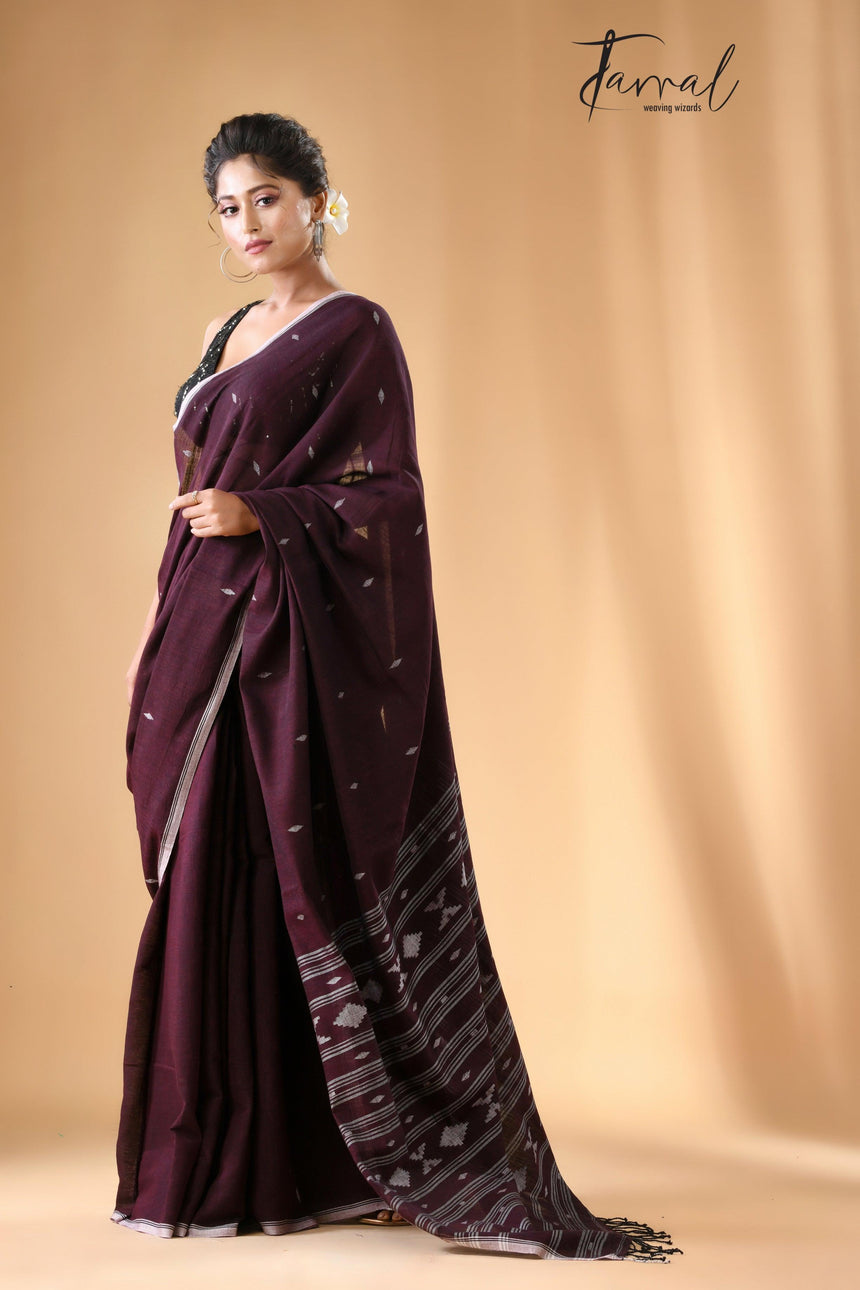 Chocolate Maroon with border cotton handwoven jamdani saree