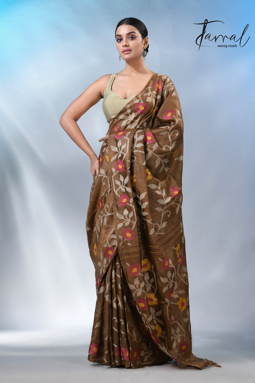 Chocolate brown allover tusser silk handloom jamdani saree
