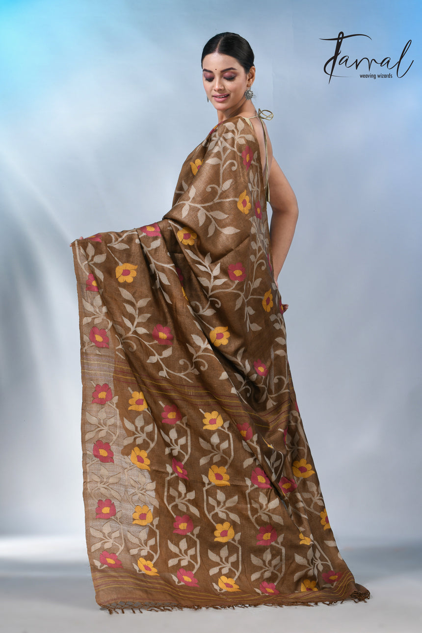 Chocolate brown allover tusser silk handloom jamdani saree