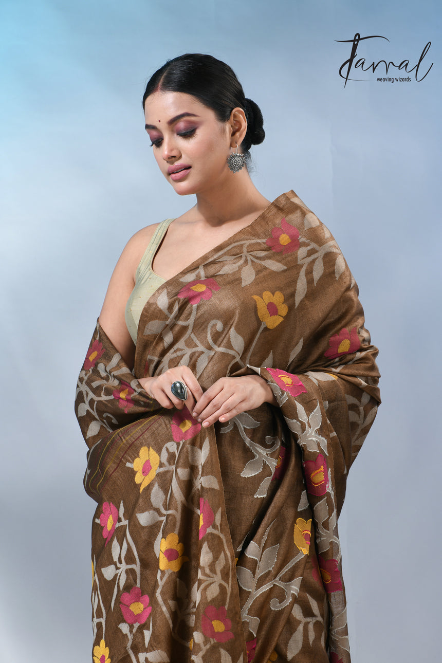 Chocolate brown allover tusser silk handloom jamdani saree