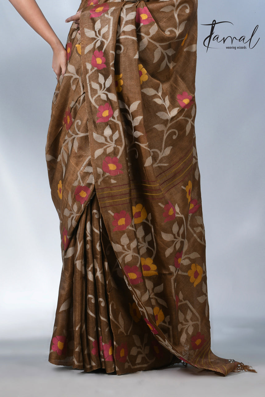 Chocolate brown allover tusser silk handloom jamdani saree
