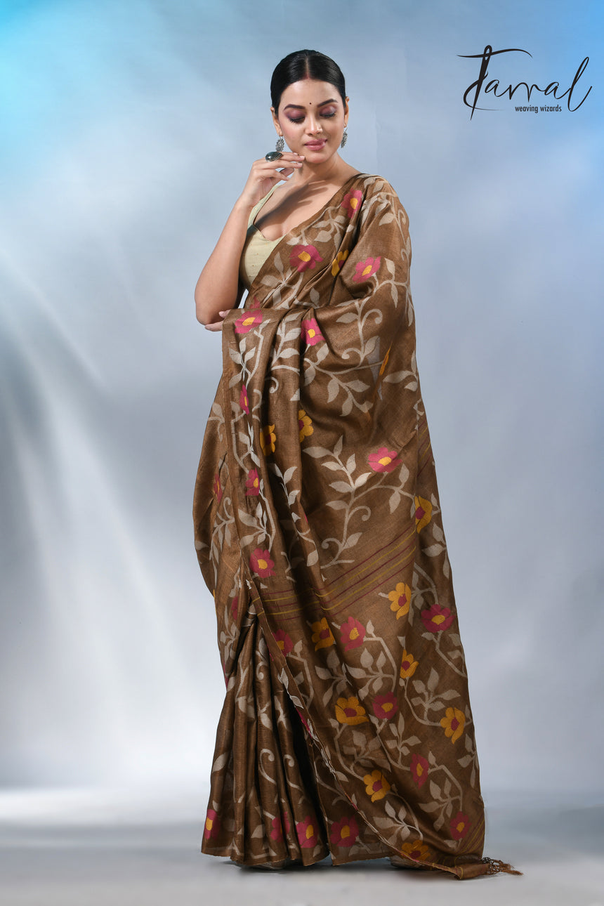 Chocolate brown allover tusser silk handloom jamdani saree