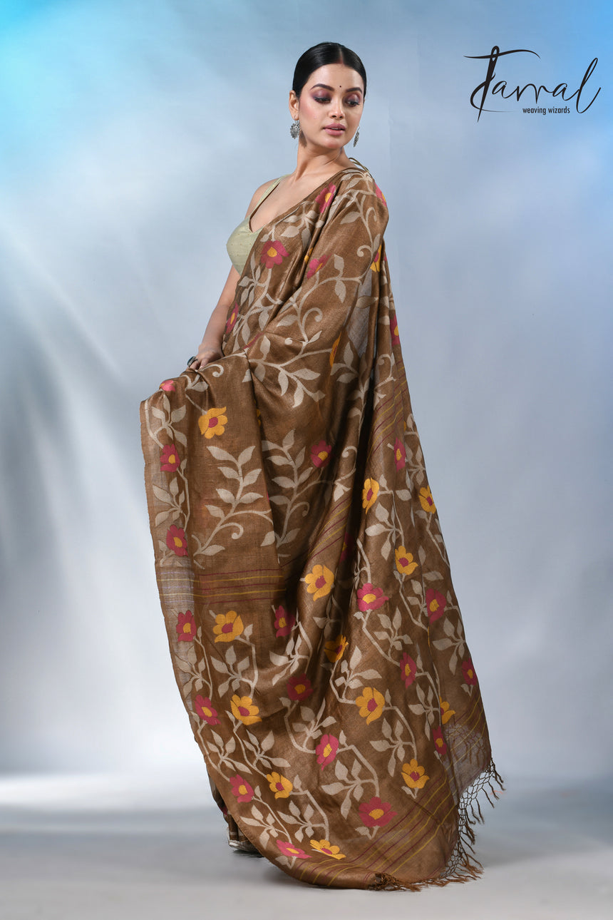 Chocolate brown allover tusser silk handloom jamdani saree