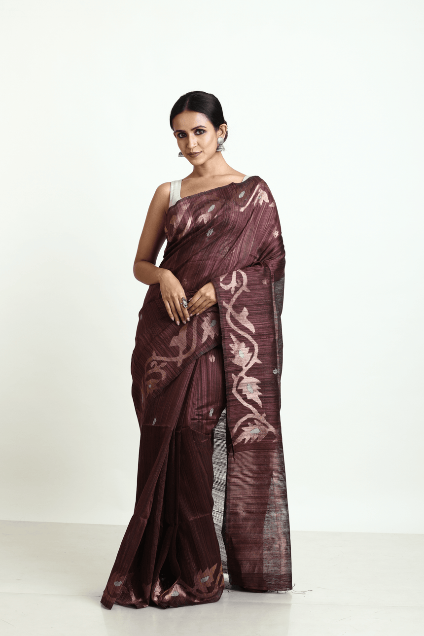 Chocolate brown with golden zari alpana motifs matka silk handwoven jamdani saree - Tamal Boutique