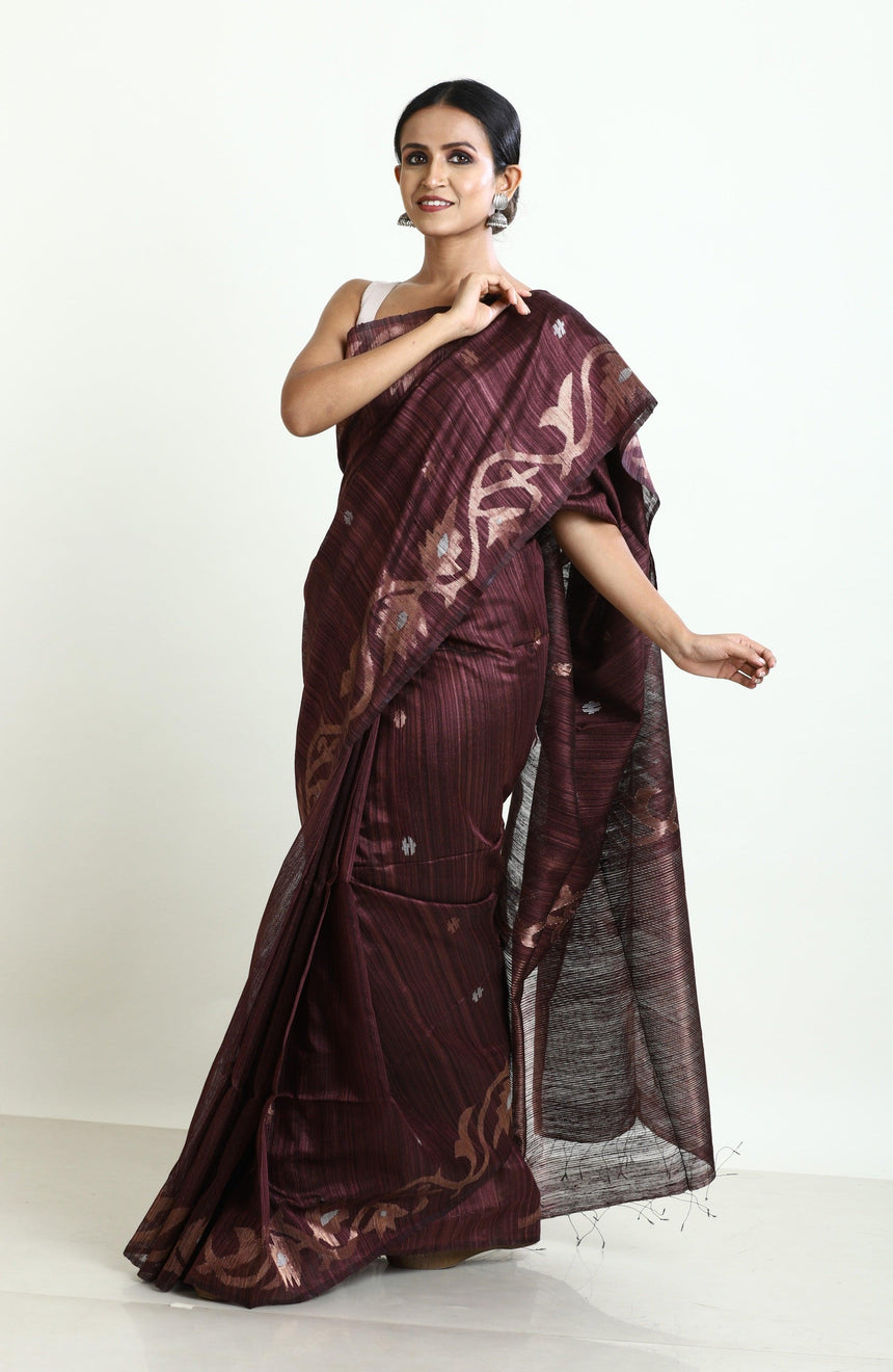 Chocolate brown with golden zari alpana motifs matka silk handwoven jamdani saree - Tamal Boutique