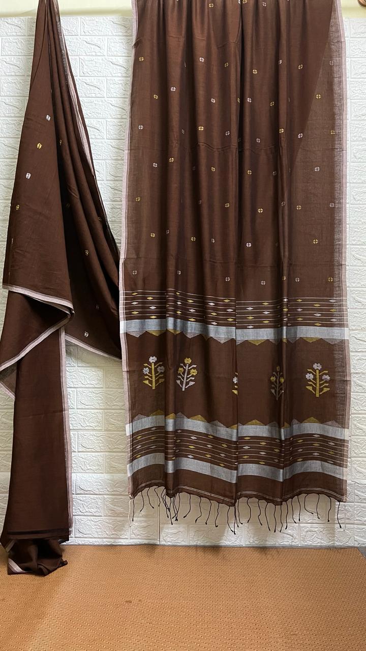Chocolate brown colour pure cotton handwoven jamdani saree