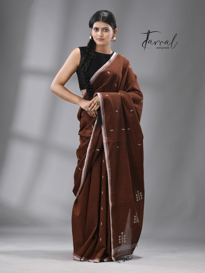 Chocolate brown colour pure cotton handwoven jamdani saree
