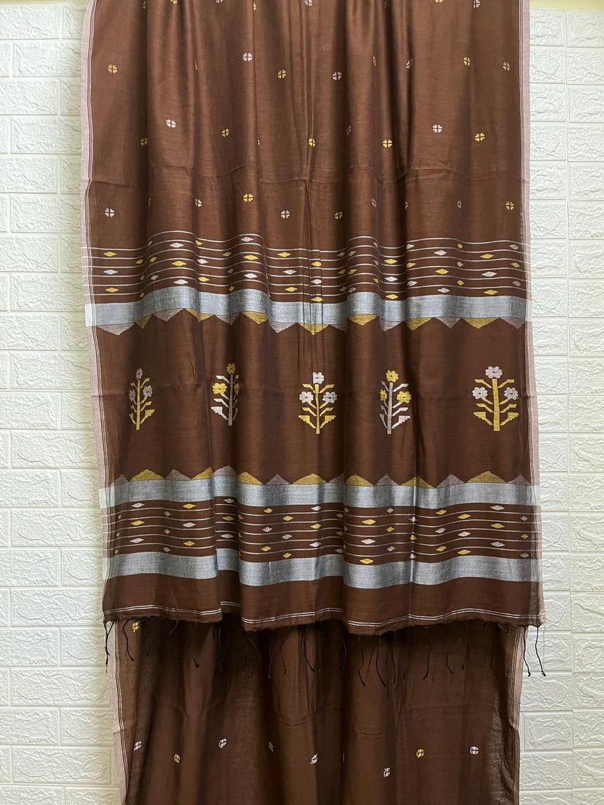 Chocolate brown colour pure cotton handwoven jamdani saree