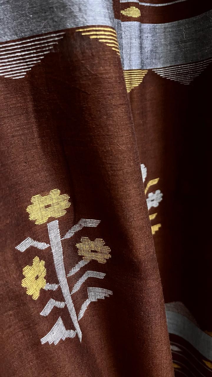 Chocolate brown colour pure cotton handwoven jamdani saree