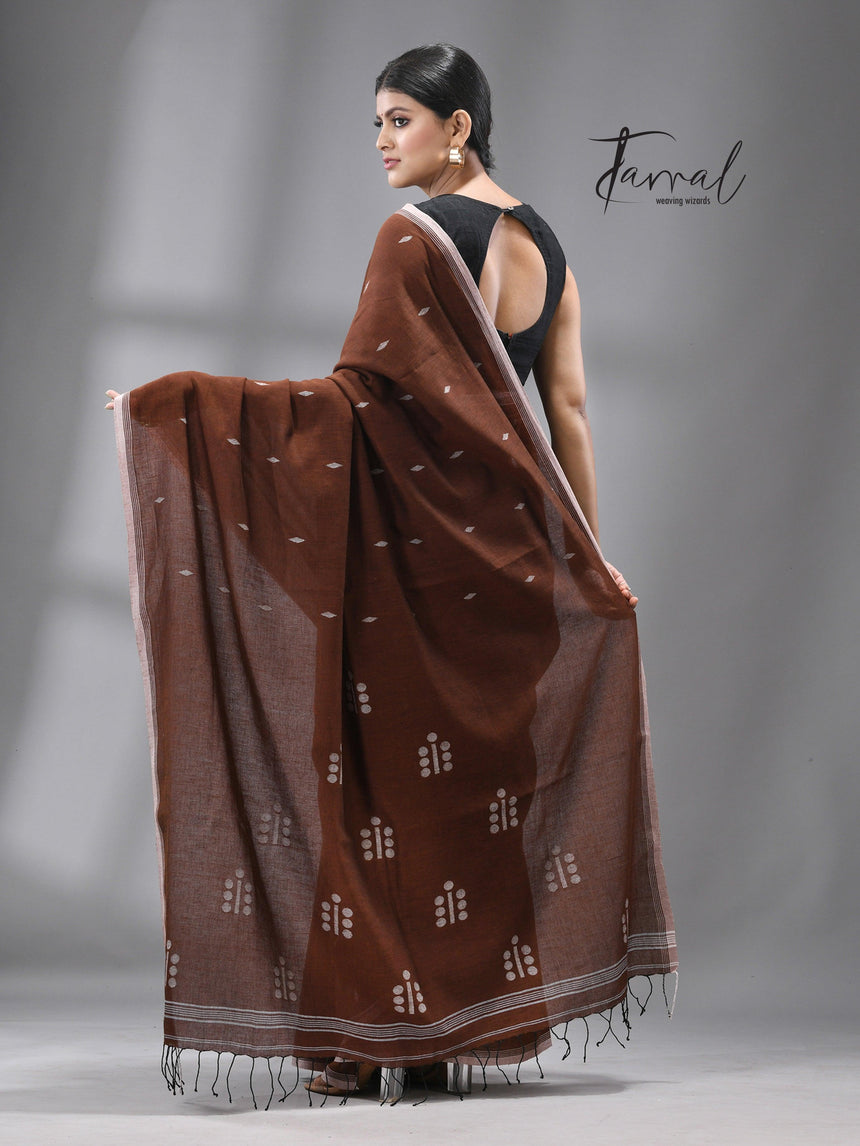 Chocolate brown colour pure cotton handwoven jamdani saree