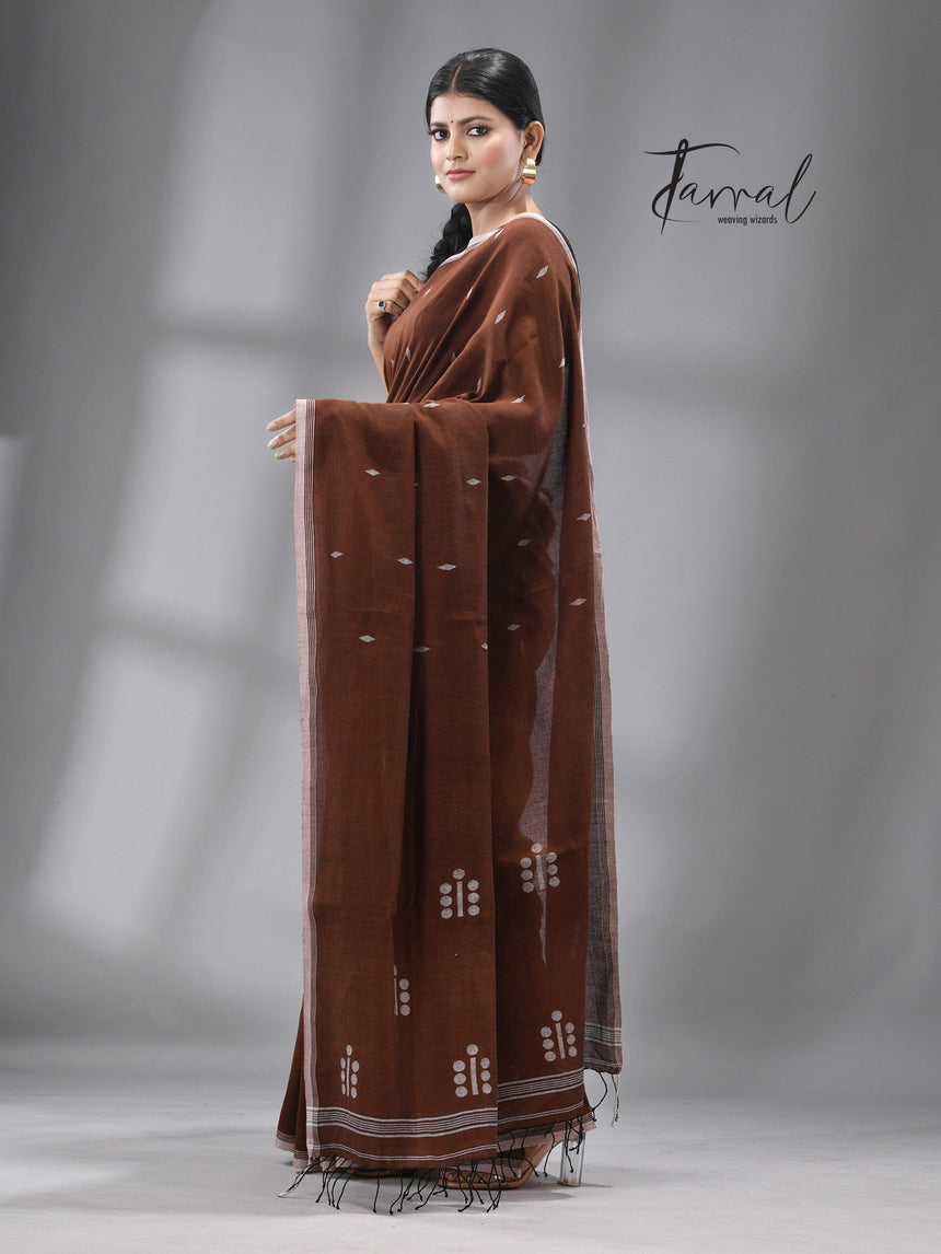 Chocolate brown colour pure cotton handwoven jamdani saree