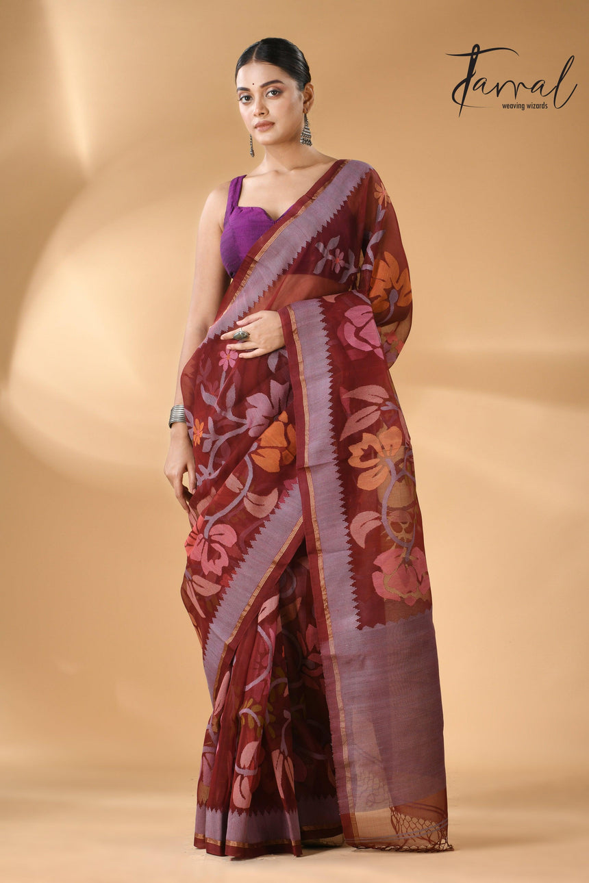 Chocolate brown with multi colour muslin silk allover floral with temple border handwoven jamdani saree - Tamal Boutique