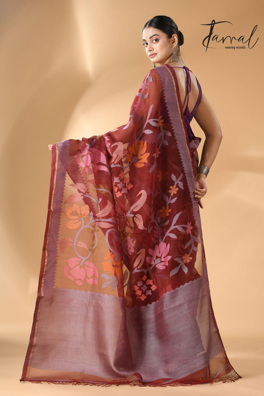 Chocolate brown with multi colour muslin silk allover floral with temple border handwoven jamdani saree - Tamal Boutique