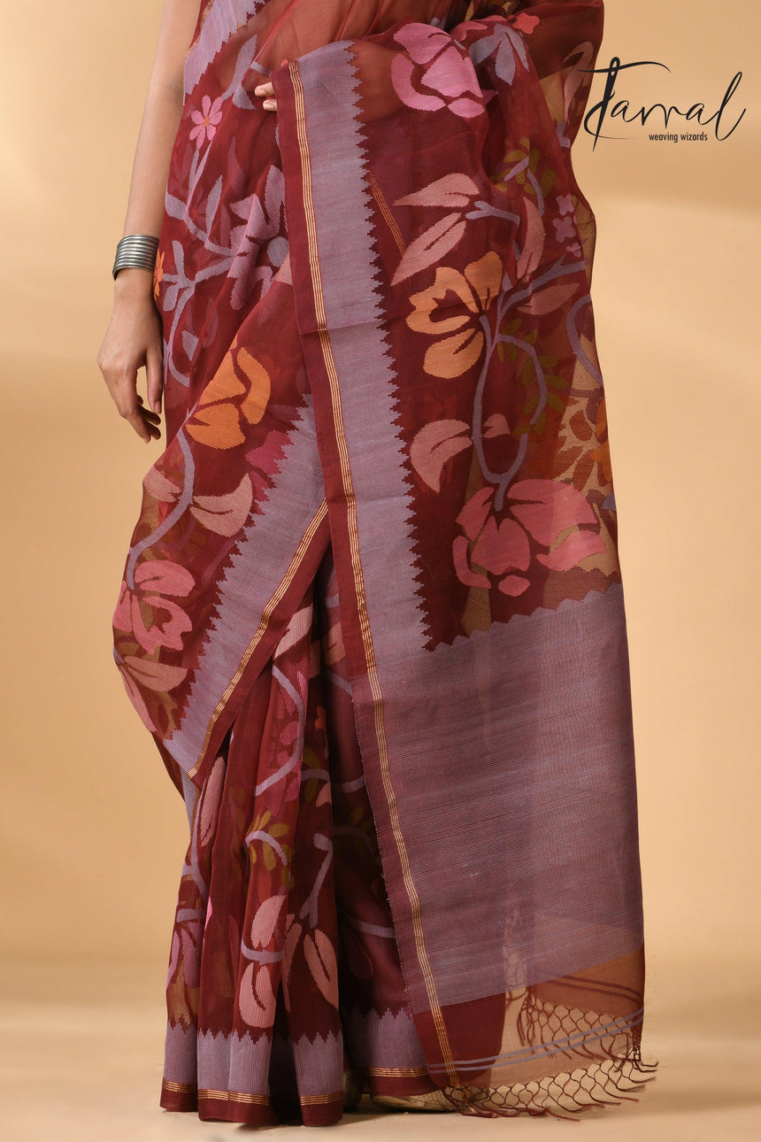 Chocolate brown with multi colour muslin silk allover floral with temple border handwoven jamdani saree - Tamal Boutique