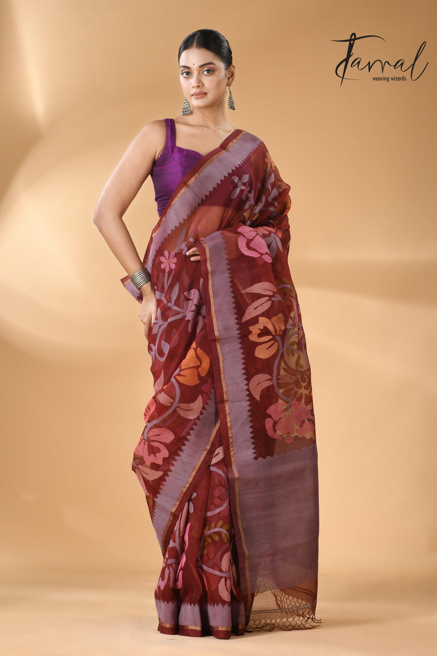 Chocolate brown with multi colour muslin silk allover floral with temple border handwoven jamdani saree - Tamal Boutique