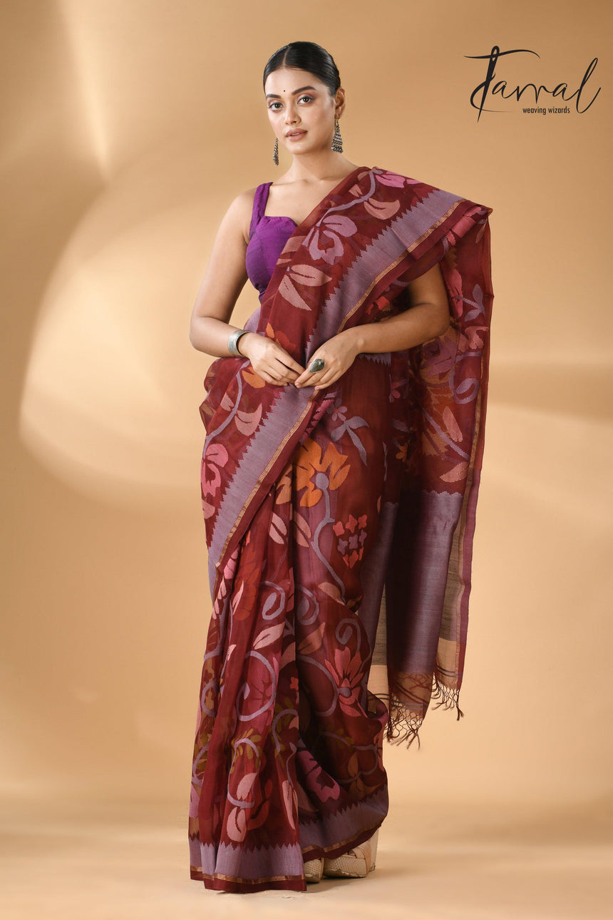 Chocolate brown with multi colour muslin silk allover floral with temple border handwoven jamdani saree - Tamal Boutique
