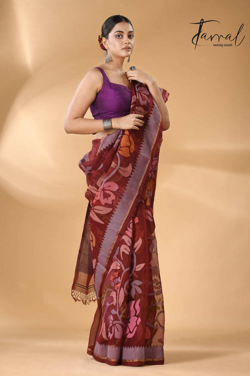 Chocolate brown with multi colour muslin silk allover floral with temple border handwoven jamdani saree - Tamal Boutique