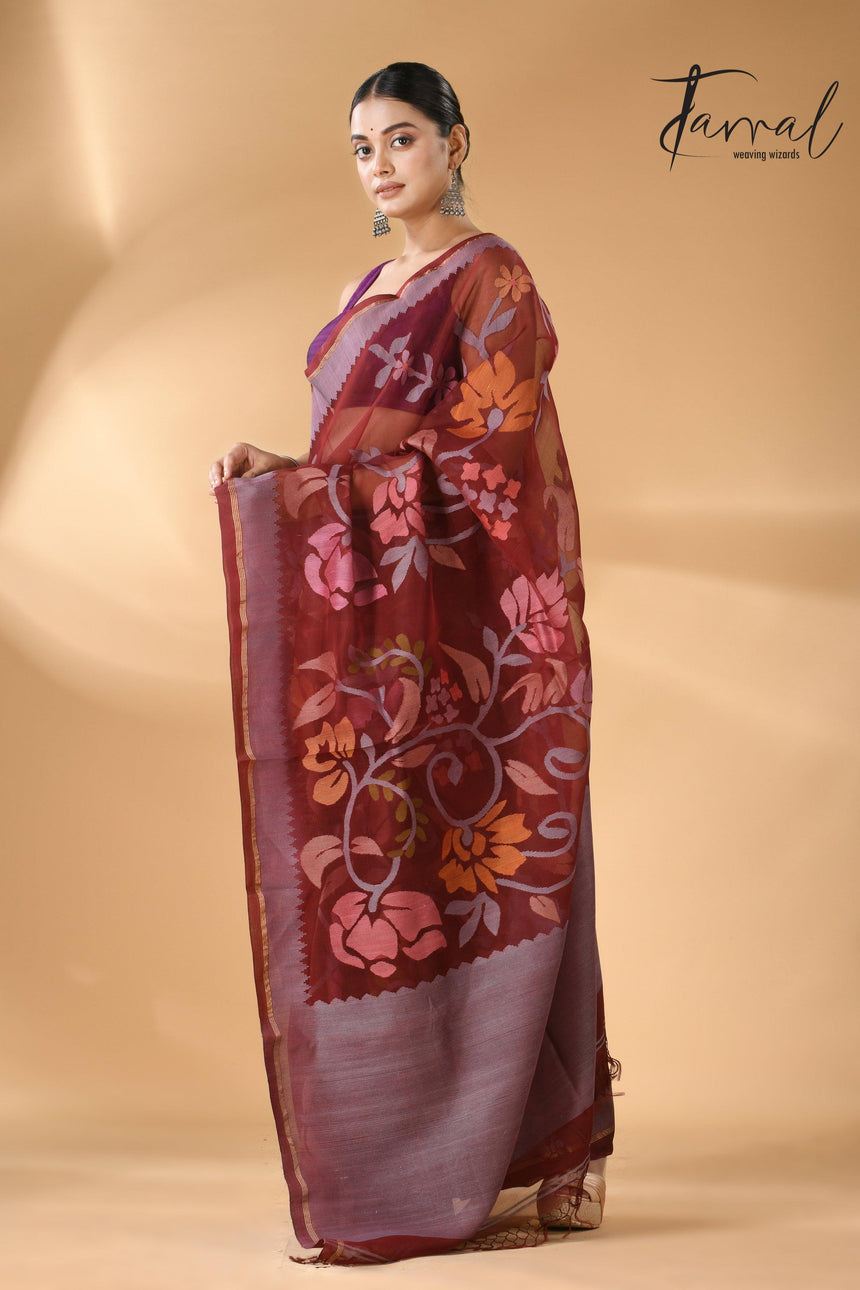 Chocolate brown with multi colour muslin silk allover floral with temple border handwoven jamdani saree - Tamal Boutique