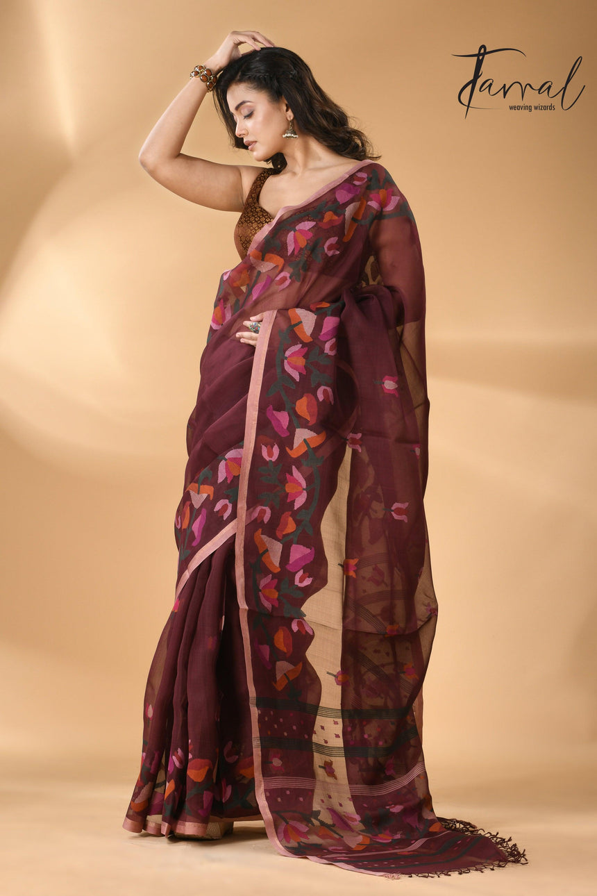 Chocolate brown kalmilata handwoven floral jamdani saree in muslin silk - Tamal Boutique