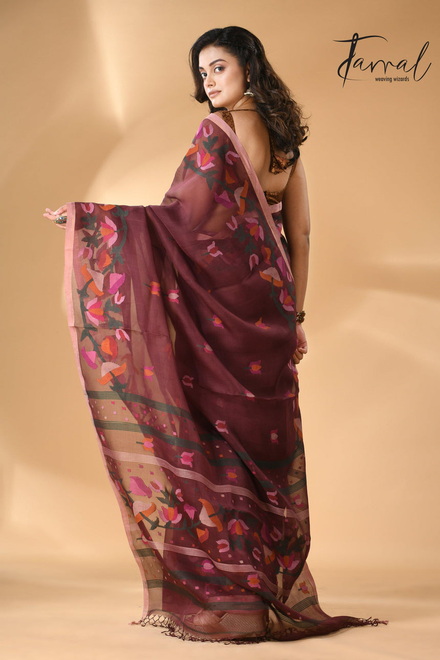 Chocolate brown kalmilata handwoven floral jamdani saree in muslin silk - Tamal Boutique