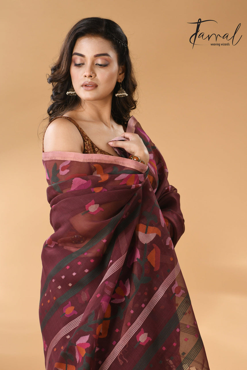 Chocolate brown kalmilata handwoven floral jamdani saree in muslin silk - Tamal Boutique