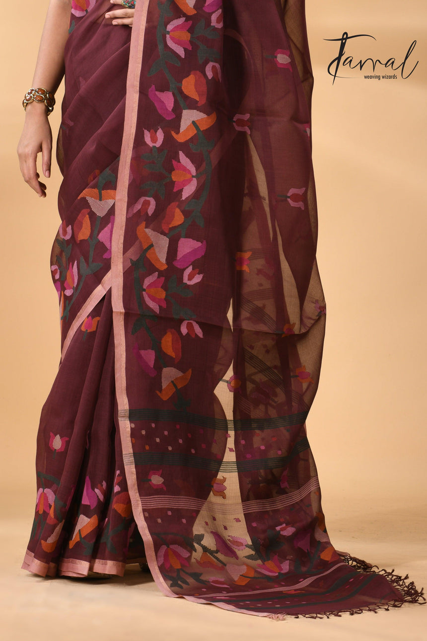 Chocolate brown kalmilata handwoven floral jamdani saree in muslin silk - Tamal Boutique