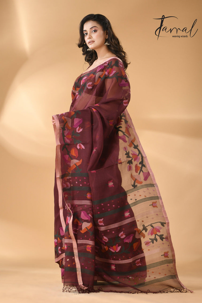 Chocolate brown kalmilata handwoven floral jamdani saree in muslin silk - Tamal Boutique