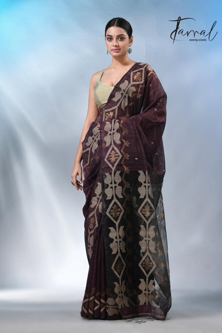 Chocolate brown matka silk traditional handwoven jamdani saree