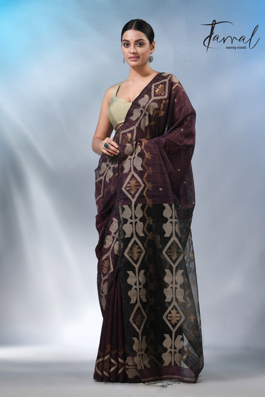 Chocolate brown matka silk traditional handwoven jamdani saree