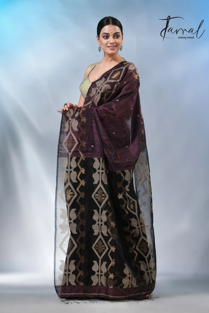 Chocolate brown matka silk traditional handwoven jamdani saree
